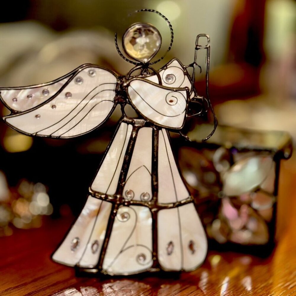 🕯️ Cherished Home Angel Candle Holder | Mother of Pearl & Rhinestones